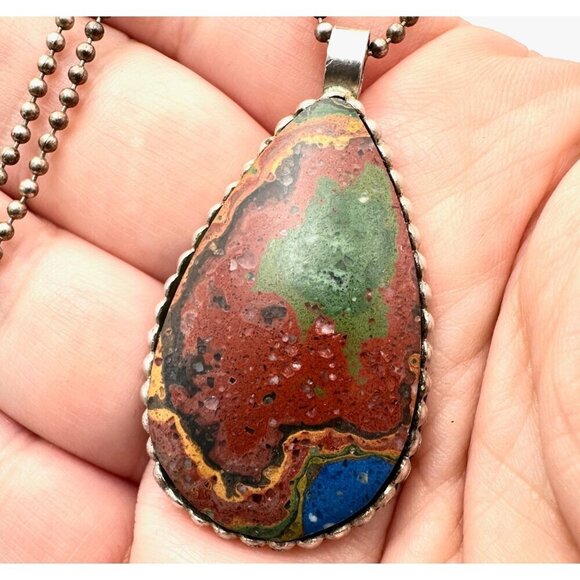 Native American Hallmarked DH Stone Zoelite Sterling Silver Pendant Necklace - Picture 1 of 5